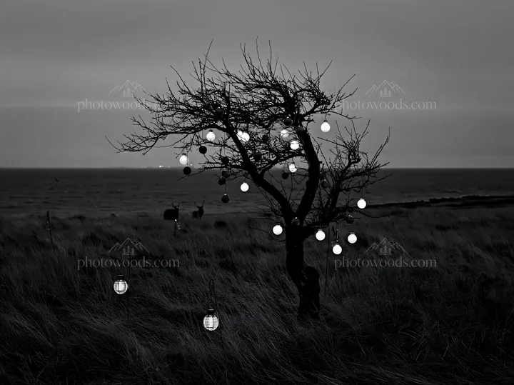 Smart apple tree in meadow with lights near the ocean - AI-generated stock image
