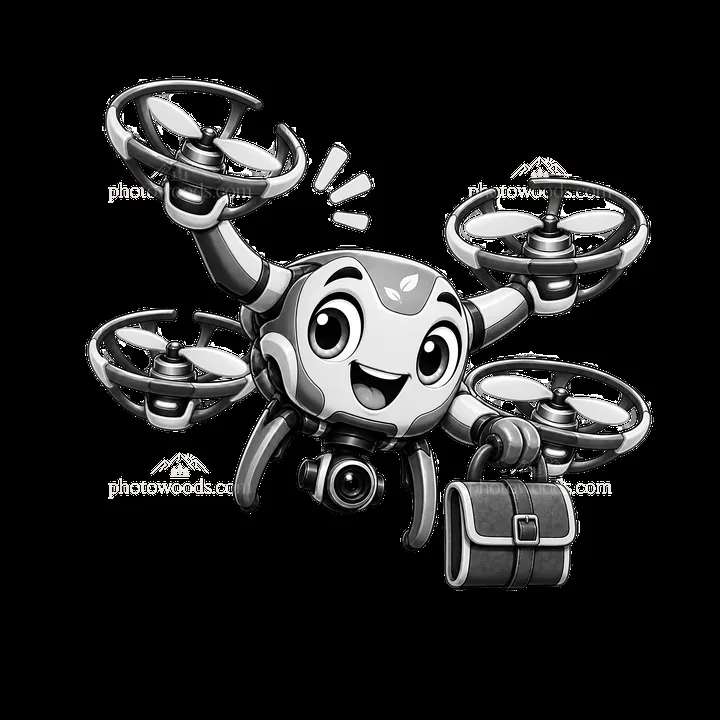 Happy drone character with a carrying bag and cheerful expression - AI-generated stock image