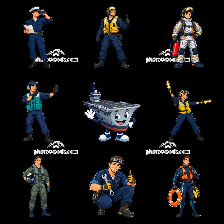 Cartoon sticker set of varied personnel on an aircraft carrier - AI-generated stock image