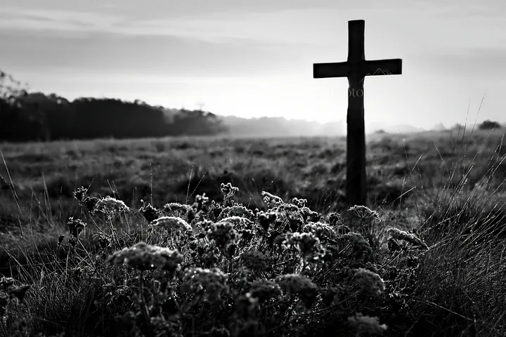 Carved oak cross in frosted meadow at dawn - AI-generated stock image