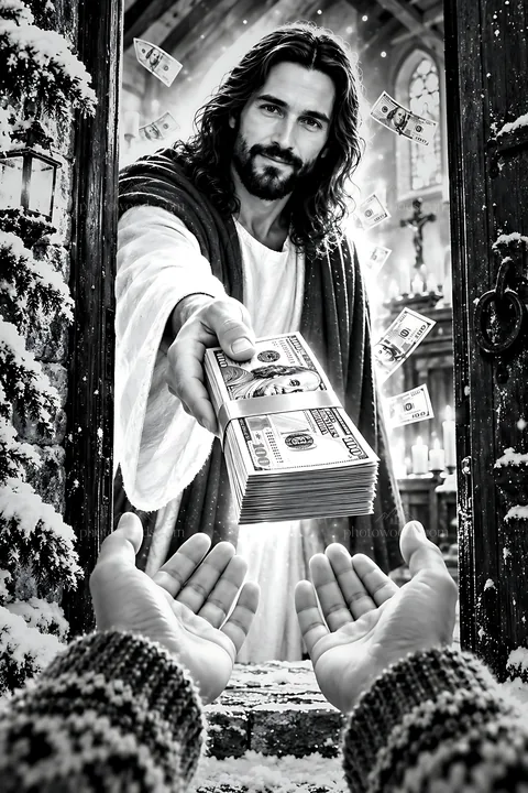 Snowbound chapel with figure giving money at doorway - AI-generated stock image