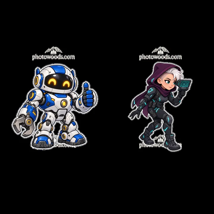 Kawaii futuristic super-soldier robot and hero pair illustration - AI-generated stock image