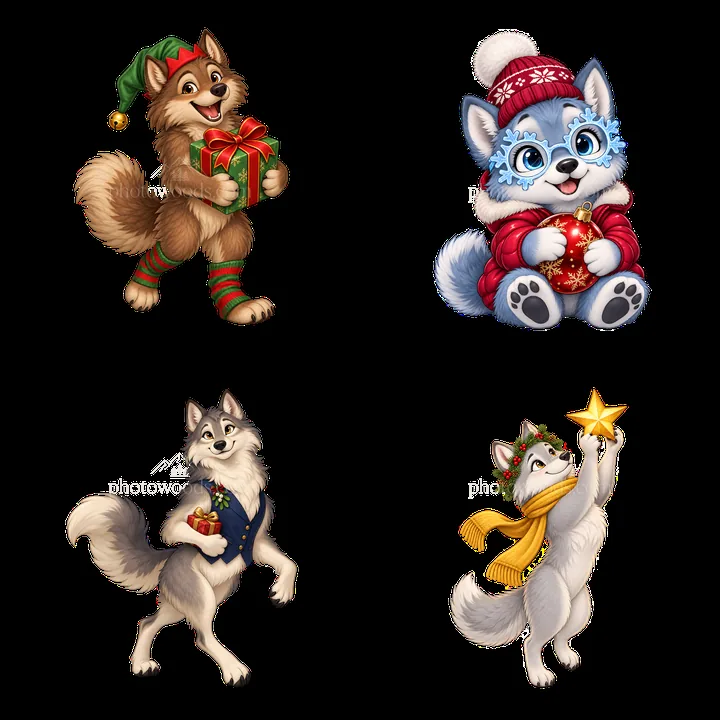 Christmas wolves celebrating with gifts and festive attire - AI-generated stock image