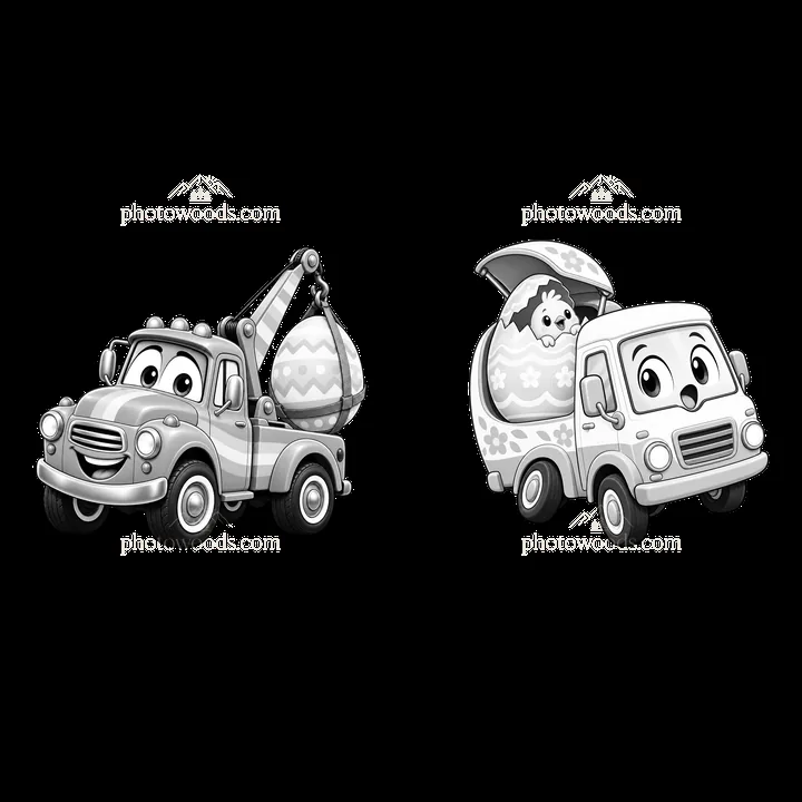 Easter-themed cartoon trucks with eggs and a bunny character - AI-generated stock image