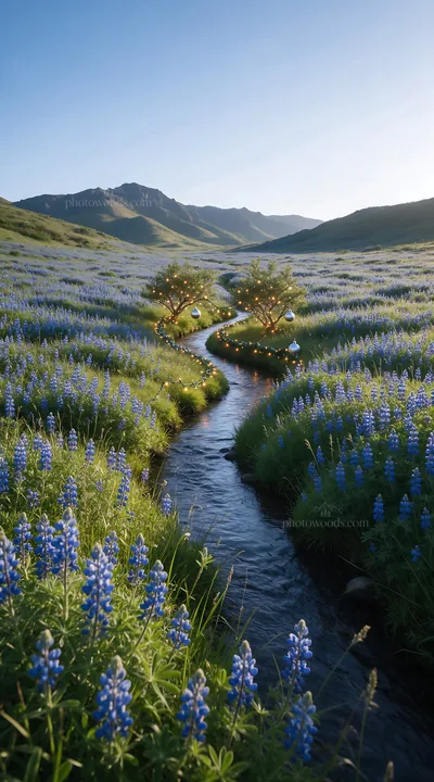 Christmas ornaments along stream in meadow - AI-generated stock image