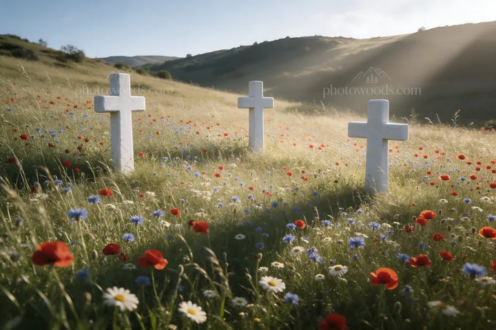 Christian crosses in meadow with sunlight and flowers - AI-generated stock image