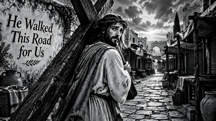 Man carrying cross through stone street - AI-generated stock image