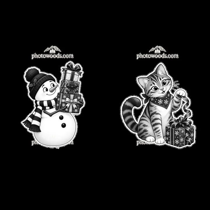 Snowman and cat with Christmas presents in black-and-white design - AI-generated stock image