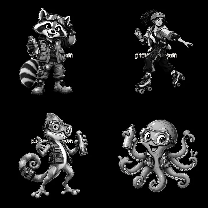 Graffiti sprayer characters in a fun cartoon style - AI-generated stock image