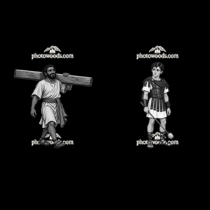 Jesus carries the cross with a Roman soldier observing nearby - AI-generated stock image