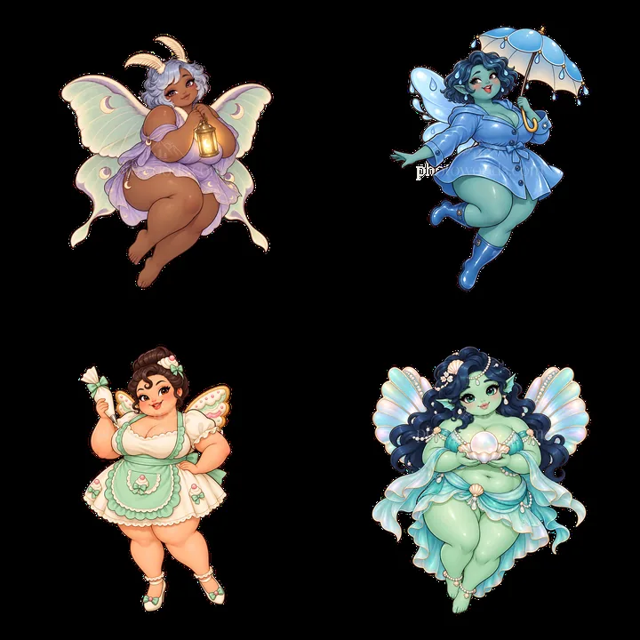 Kawaii ultra-fat fairy characters with accessories in a grid - AI-generated stock image