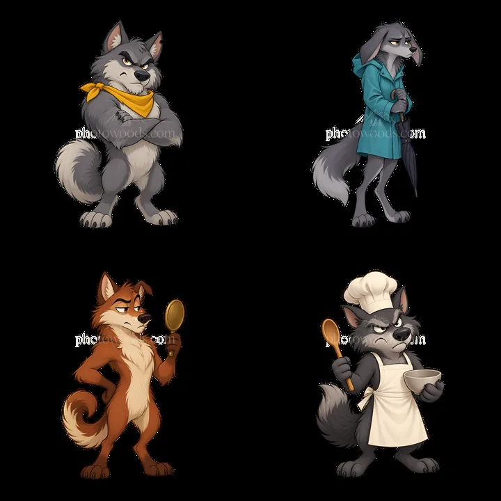 Grumpy wolf characters in four distinct poses and outfits - AI-generated stock image