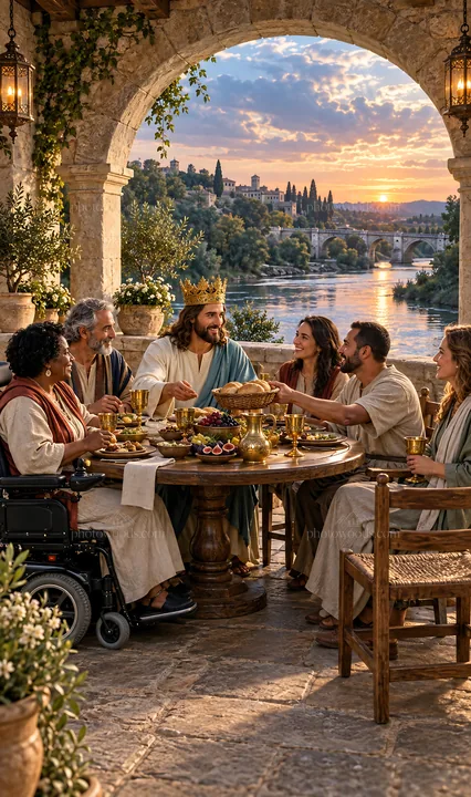 Jesus Christ sharing a meal with followers by the river - AI-generated stock image