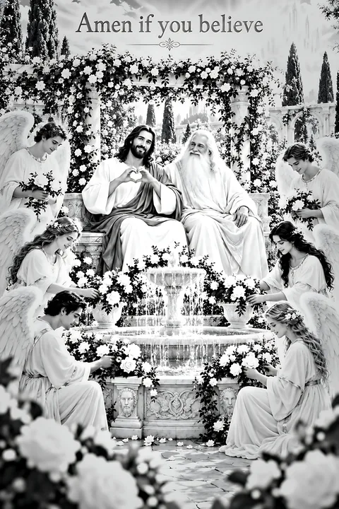 Artwork depicting divine figures in a garden setting - AI-generated stock image