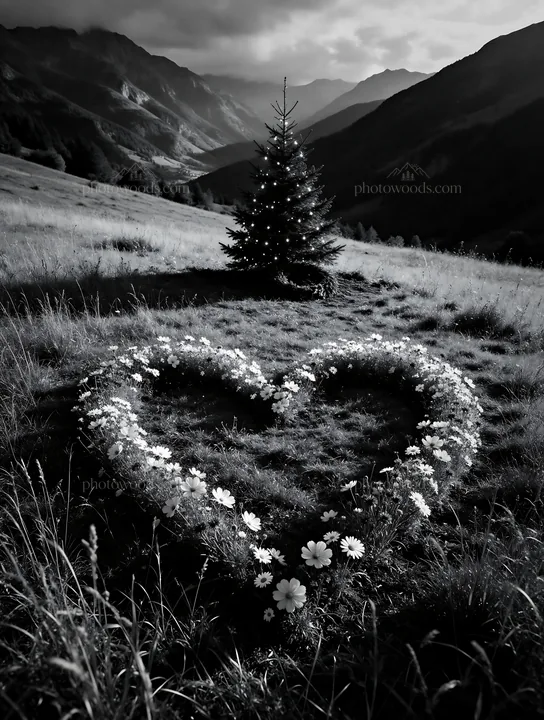 Christmas tree in mountain valley meadow with heart-shaped flowers - AI-generated stock image