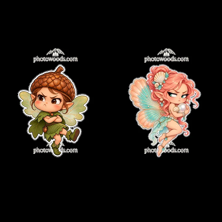 Kawaii grumpy fairy and fairy with pearl sticker illustration - AI-generated stock image