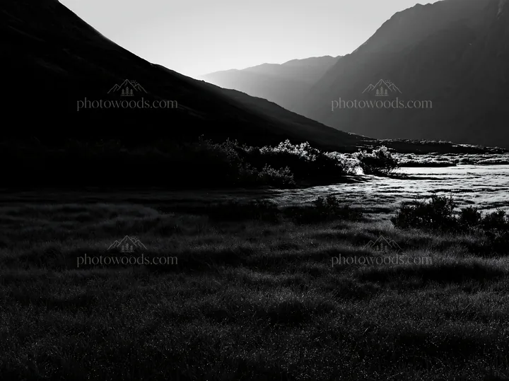 Sunbeams over a meadow in Jotunheimen valley - AI-generated stock image