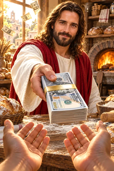 Bread and generosity in a bakery setting - AI-generated stock image