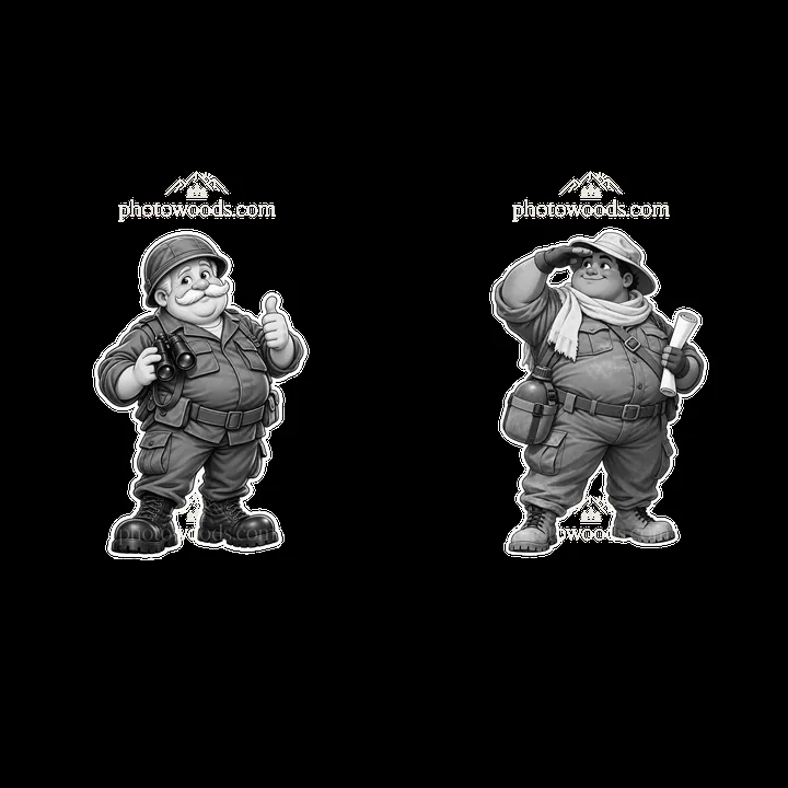 Chubby soldier characters in a humorous cartoon duo pose - AI-generated stock image