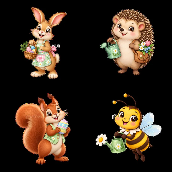 Easter characters in the meadow with basket, watering can, and eggs - AI-generated stock image