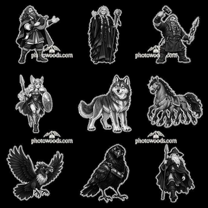 Odin the Norse All-Father and his companions in black-and-white - AI-generated stock image