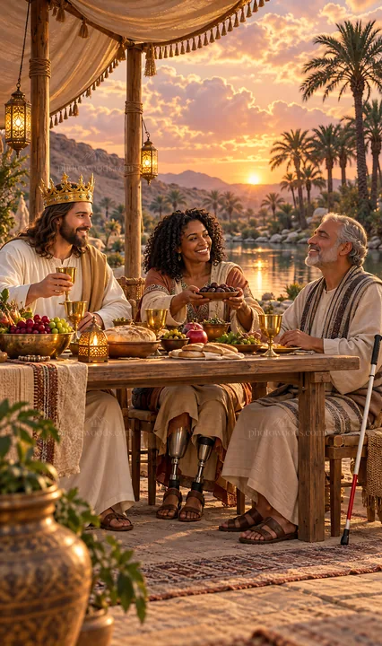 Jesus Christ sharing a meal in a tranquil setting - AI-generated stock image