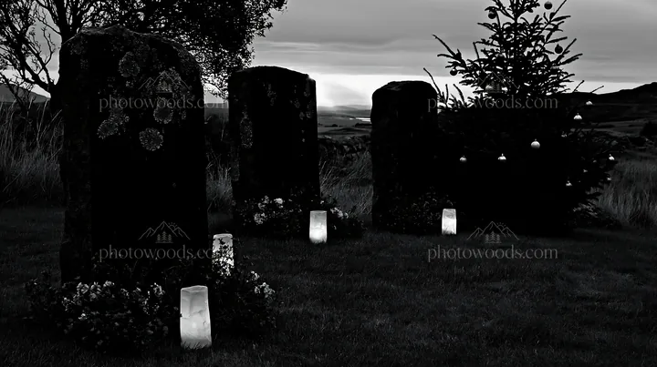 Twilight Christmas lanterns in meadow during cloudy evening - AI-generated stock image