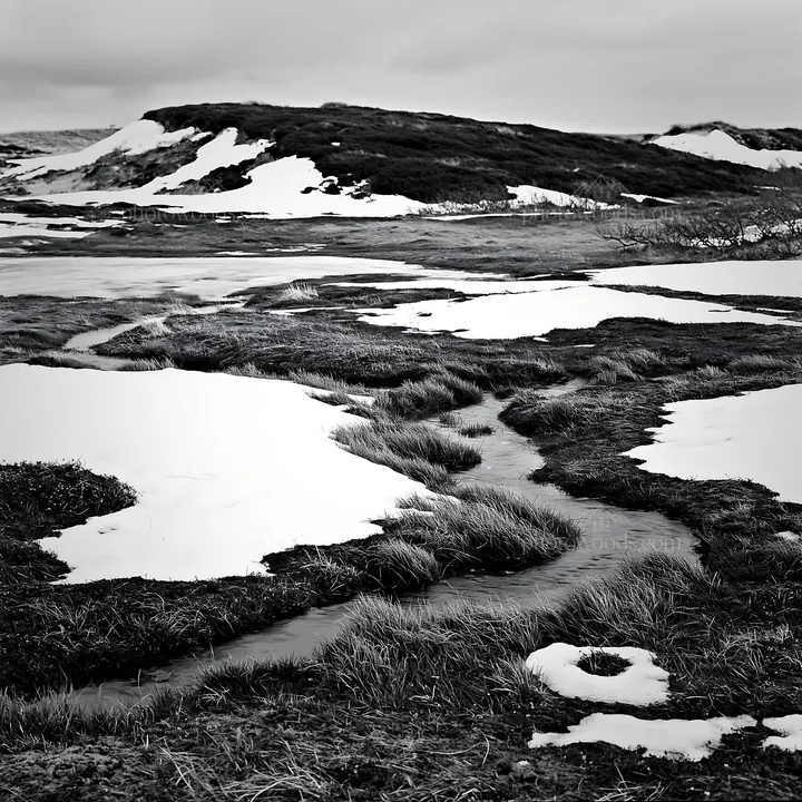 Dune meadow covered in snow with a winding stream - AI-generated stock image