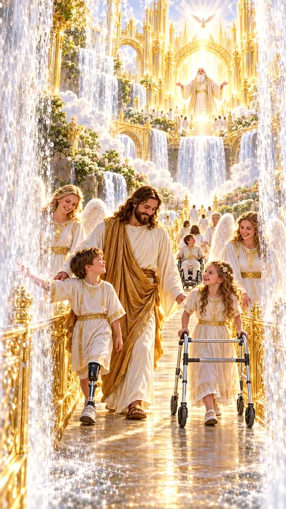 Jesus Christ walking with children in a heavenly setting - AI-generated stock image