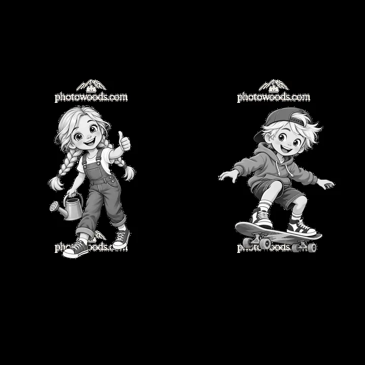 Blond child with watering can and boy skating on a skateboard - AI-generated stock image