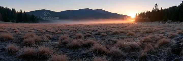 Frosty meadow sunrise with mist and mountains in background - AI-generated stock image