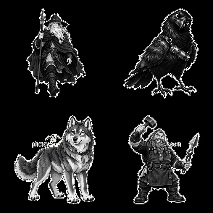 Odin the Norse All-Father with companions in a black-and-white design - AI-generated stock image