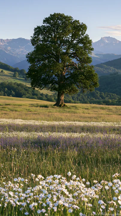 French meadow with trees and Pyrenees mountains in background - AI-generated stock image