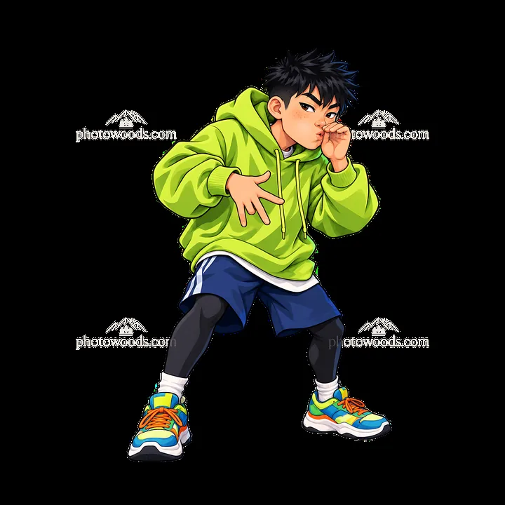 Hip-hop artist in green hoodie striking a pose - AI-generated stock image