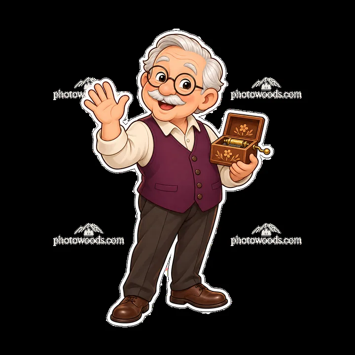 Old man with mechanical music box waving happily - AI-generated stock image