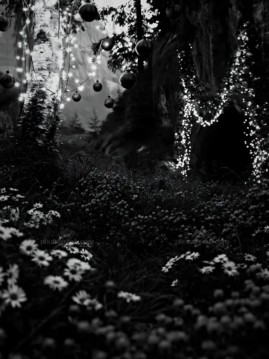 Christmas ornaments beside cave in meadow - AI-generated stock image