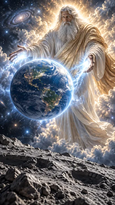 Jesus Christ creating the world in a cosmic scene - AI-generated stock image