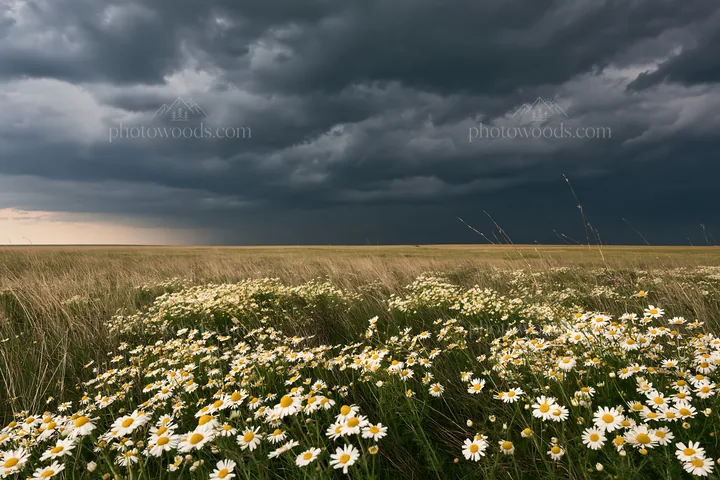 Chamomile meadow under dark clouds during the day - AI-generated stock image