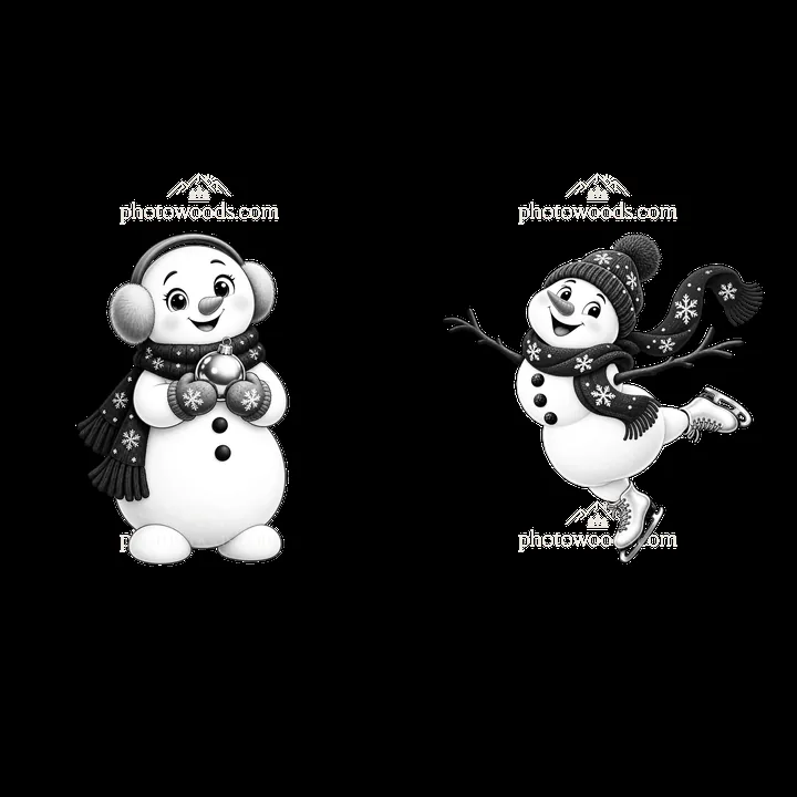 Snowman with scarf and earmuffs holding a bauble and skating - AI-generated stock image