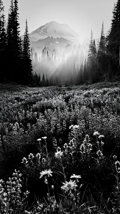 Wildflower meadow at Mount Rainier during sunrise - AI-generated stock image