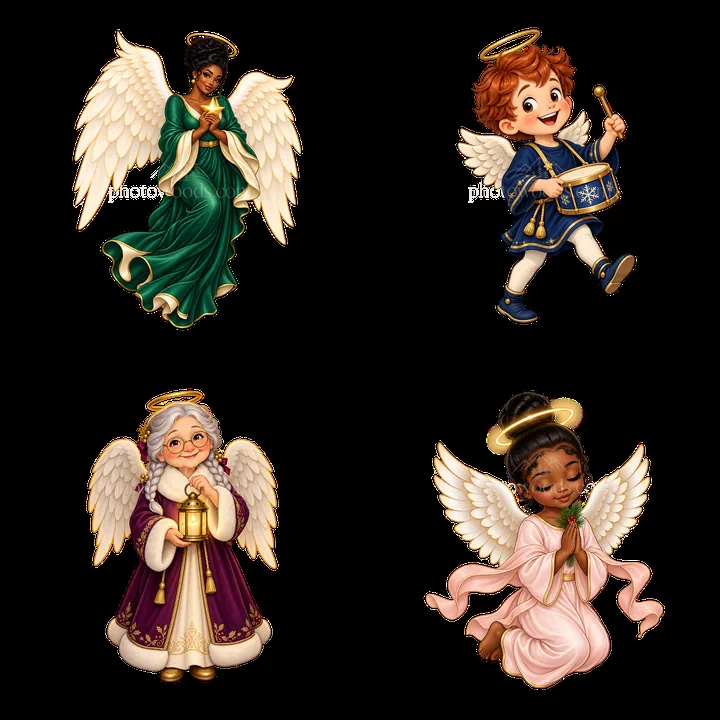 Four Christmas angel cartoon stickers with different characters - AI-generated stock image