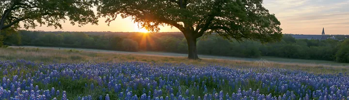 Bluebonnet meadow at sunrise with trees and distant hills - AI-generated stock image