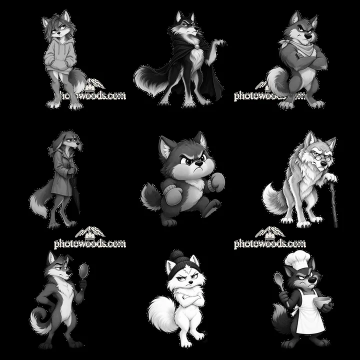 Grumpy wolf characters in various poses and outfits - AI-generated stock image