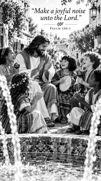 Jesus Christ sharing joy with children in a vibrant scene - AI-generated stock image