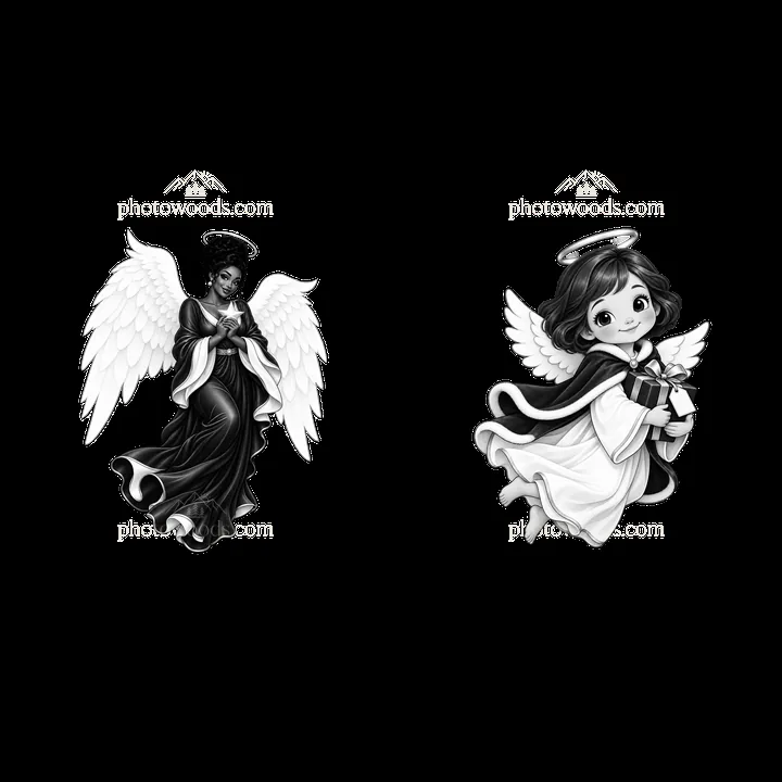 Christmas angels in black-and-white cartoon sticker style - AI-generated stock image