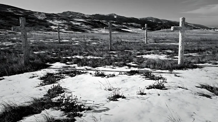 Multiple Christian crosses in snowy meadow landscape - AI-generated stock image