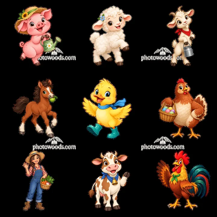 Farm animals and a farmer in a colorful cartoon sticker layout - AI-generated stock image