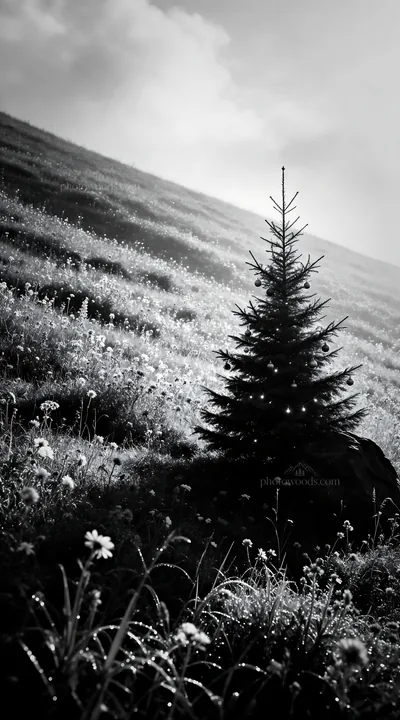 Vibrant Christmas tree in misty meadow at dawn - AI-generated stock image