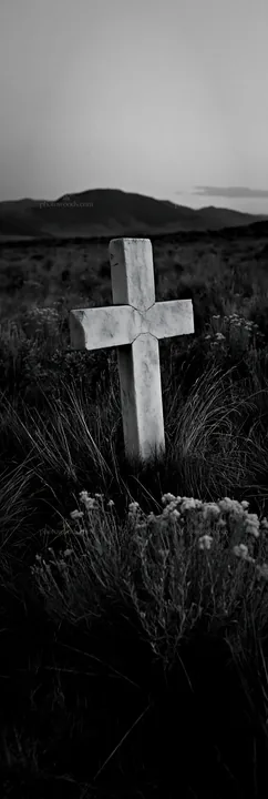White Christian cross in remote meadow during dusk - AI-generated stock image