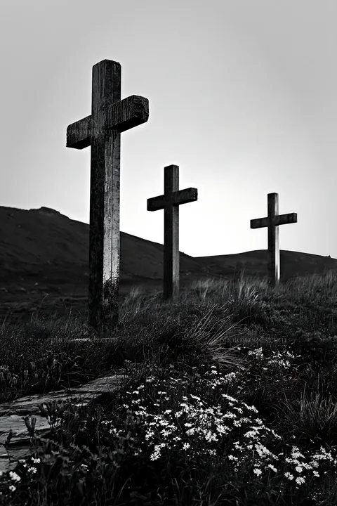 Christian crosses in a rain soaked meadow with flowers - AI-generated stock image